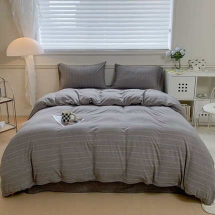 91家纺网 家纺一手货源 找家纺 恋尚羽家纺 2025新款A类母婴级全棉色织针织棉四件套 条纹-灰