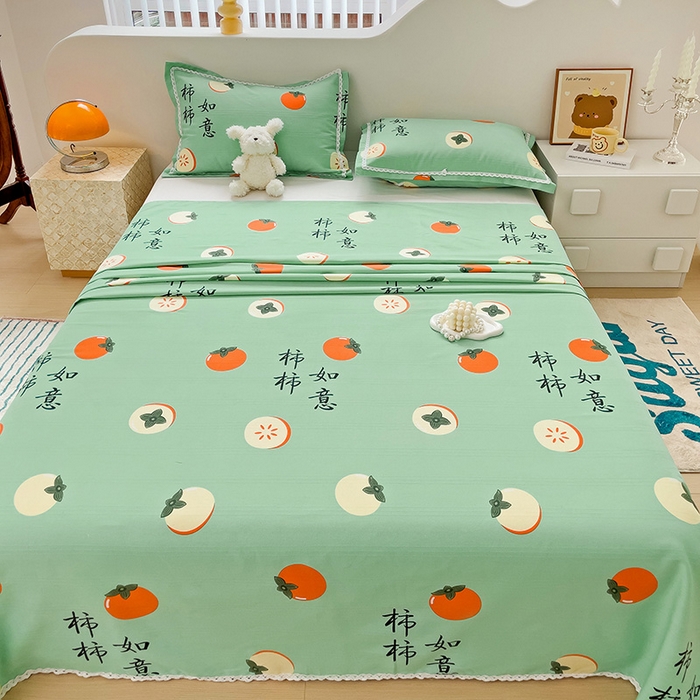 91家纺网 家纺一手货源 找家纺 宜家坊 2024新款鱼骨棉老粗布凉席花边款床单三件套 柿柿如意-绿