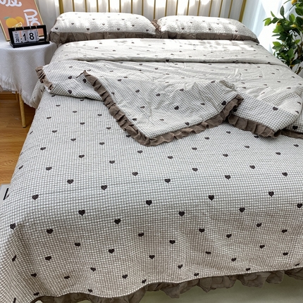 91家纺网 家纺一手货源 找家纺 暖居 2024新款直播全棉夹棉床盖夏被三件套夏凉被 爱心小格子