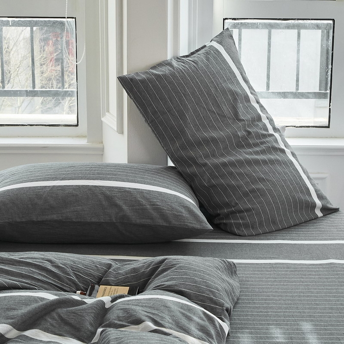 91家纺网 家纺一手货源 找家纺 金纱玉纺家纺 2024新款色织全棉水洗棉四件套 多拉-灰