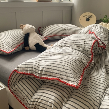 莱茵家居 2024新款A类多巴胺撞色全棉水洗棉四件套 玫红黑细条