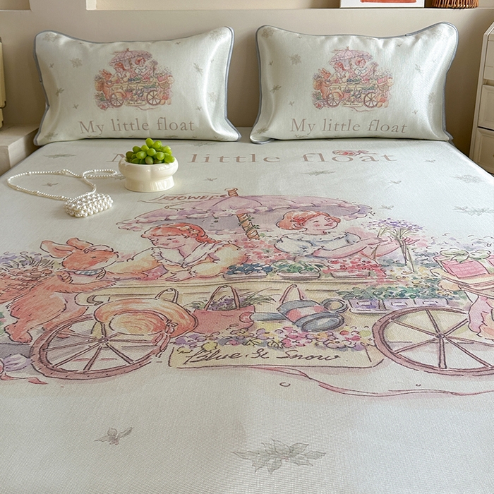 91家纺网 家纺一手货源 找家纺 萝莉家纺 2024新款大版冰丝凉席床席床笠款 我心爱的小花车-平席款 