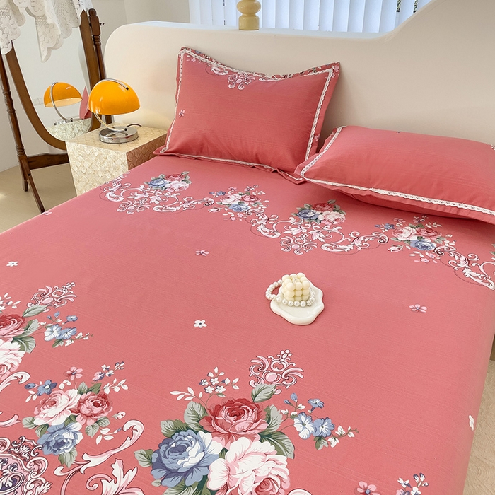 91家纺网 家纺一手货源 找家纺 宜家坊 2024新款鱼骨棉老粗布凉席花边款床单三件套 欧式风情-粉