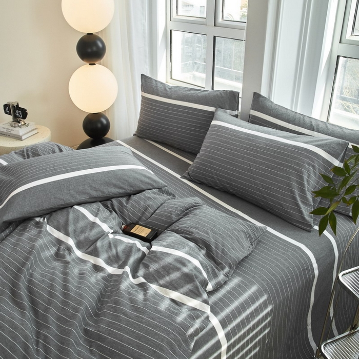 91家纺网 家纺一手货源 找家纺 金纱玉纺家纺 2024新款色织全棉水洗棉四件套 多拉-灰