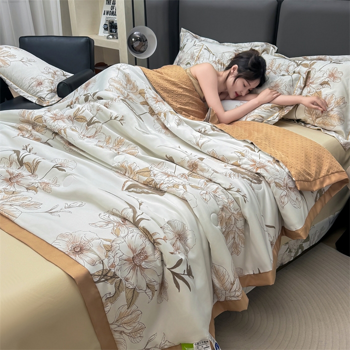 91家纺网 家纺一手货源 找家纺 满羽家纺 2024热款冰丝绸冰豆豆被夏被四件套凉感空调被 满庭芳 浅棕