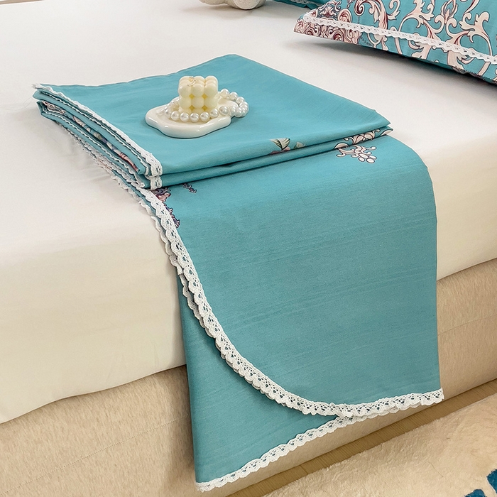 91家纺网 家纺一手货源 找家纺 宜家坊 2024新款鱼骨棉老粗布凉席花边款床单三件套 欧式风情-蓝