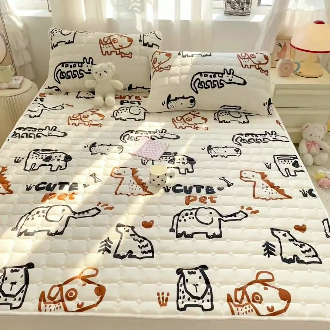 91家纺网 家纺一手货源 找家纺 萌飞2024新款全棉新疆棉花夹棉床垫加厚床褥垫被三件套印花 幼森