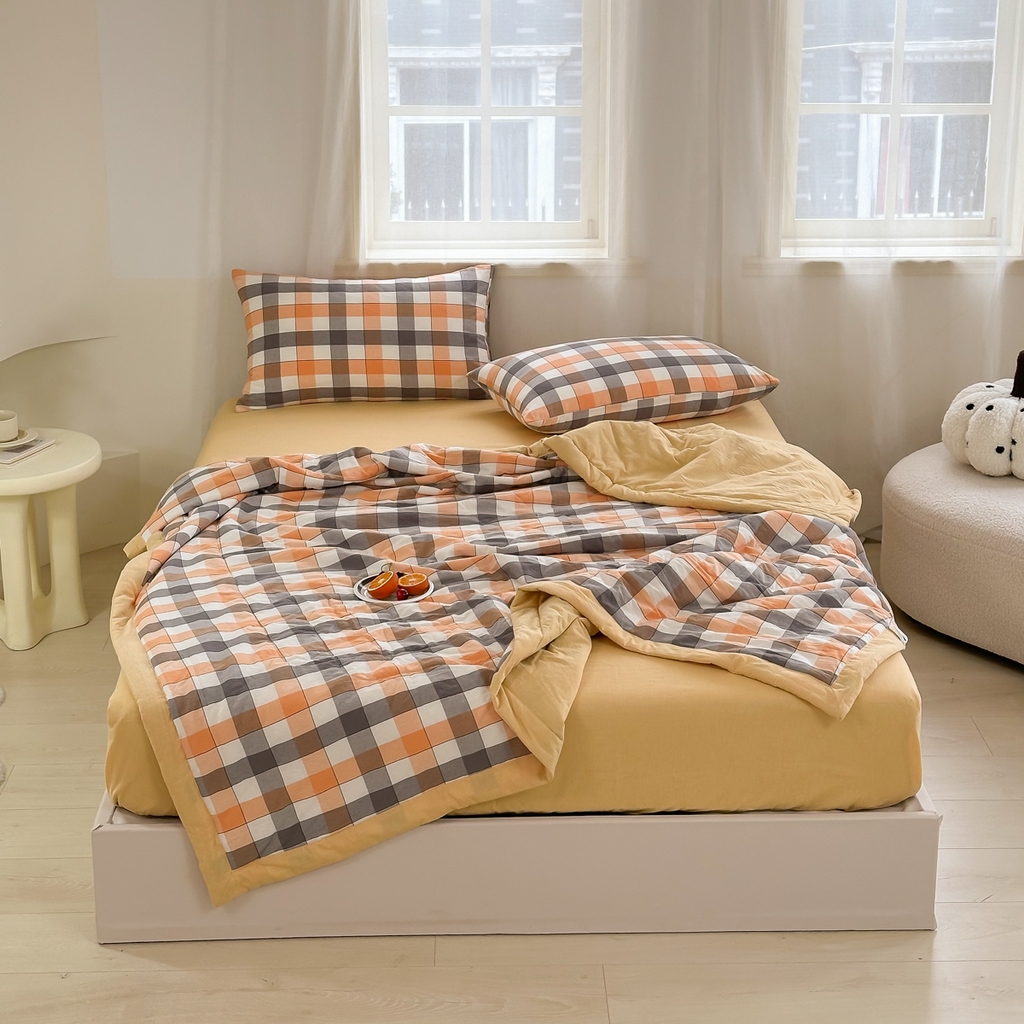 91家纺网 家纺一手货源 找家纺 棉邦 2024新款全棉水洗棉色织夏被四件套 桔方格黄