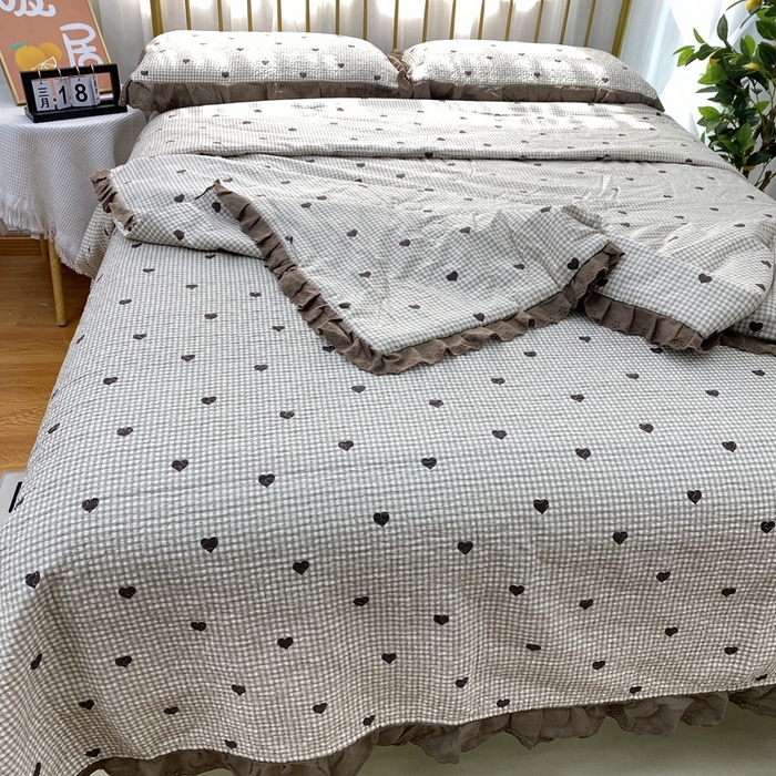 91家纺网 家纺一手货源 找家纺 暖居 2024新款直播全棉夹棉床盖夏被三件套夏凉被 爱心小格子
