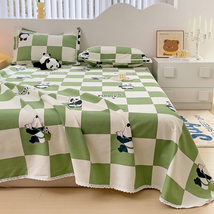 91家纺网 家纺一手货源 找家纺 宜家坊 2024新款鱼骨棉老粗布凉席花边款床单三件套 熊猫