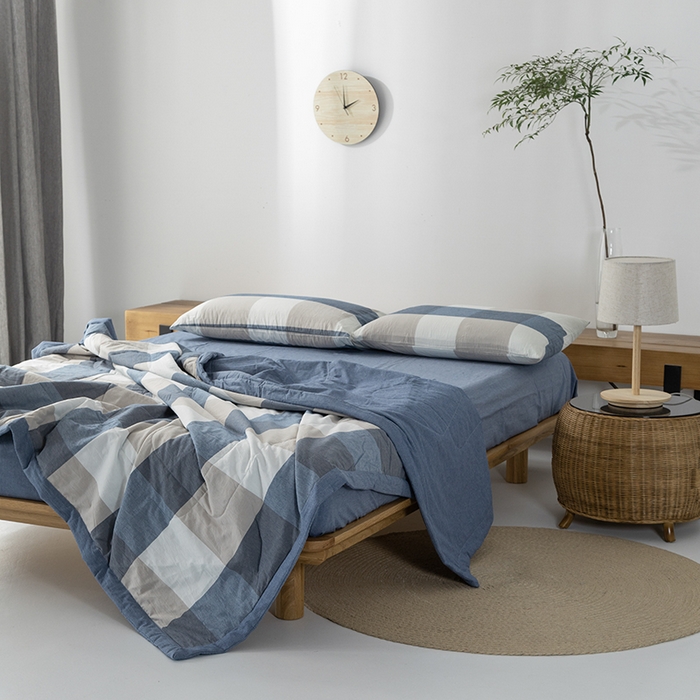 91家纺网 家纺一手货源 找家纺 棉邦 2024新款全棉水洗棉色织夏被四件套 蓝白大格