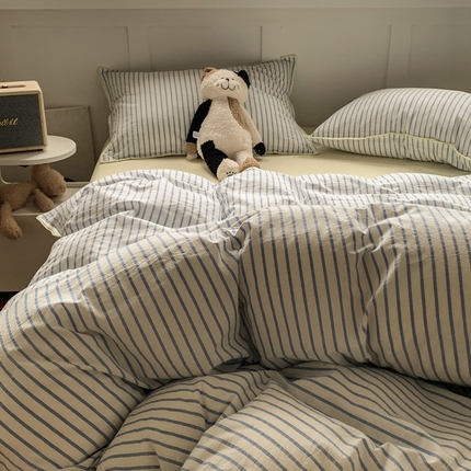 91家纺网 家纺一手货源 找家纺 莱茵家居 2024新款A类多巴胺撞色全棉水洗棉四件套 草绿细条