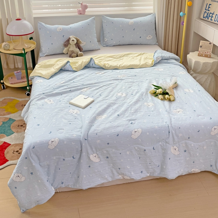 91家纺网 家纺一手货源 找家纺 海岛哥哥 2024新款水洗双层纱超柔单夏被嵌绳款 星空小狗-蓝