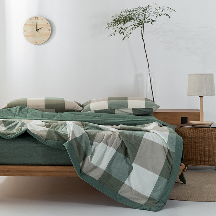 91家纺网 家纺一手货源 找家纺 棉邦 2024新款全棉水洗棉色织夏被四件套 绿大格