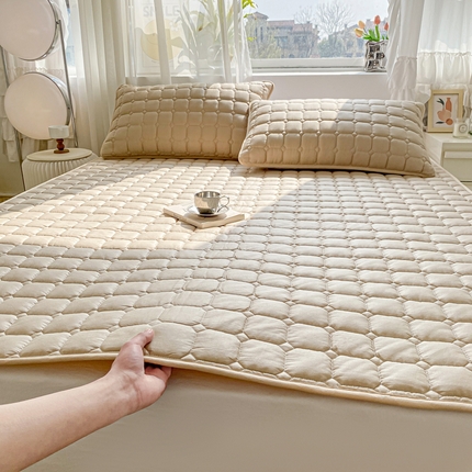 91家纺网 家纺一手货源 找家纺 萌飞2024新款全棉新疆棉花夹棉床垫加厚床褥垫被三件套-纯色 经典（咖）