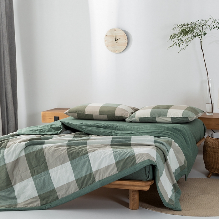 91家纺网 家纺一手货源 找家纺 棉邦 2024新款全棉水洗棉色织夏被四件套 绿大格