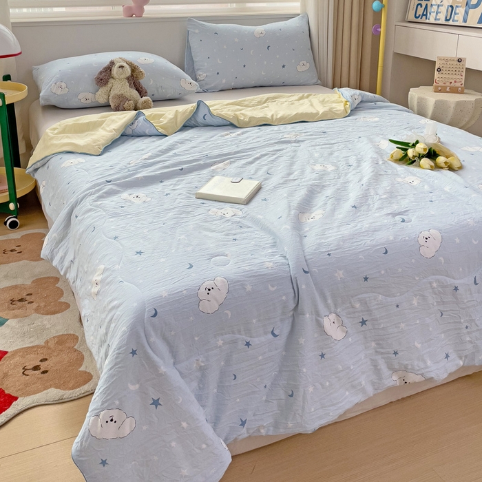 91家纺网 家纺一手货源 找家纺 海岛哥哥 2024新款水洗双层纱超柔单夏被嵌绳款 星空小狗-蓝