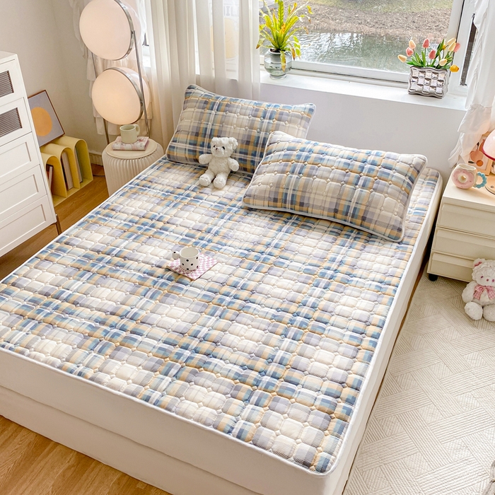 91家纺网 家纺一手货源 找家纺 萌飞2024新款全棉新疆棉花夹棉床垫加厚床褥垫被三件套印花 悠闲格调-浅咖