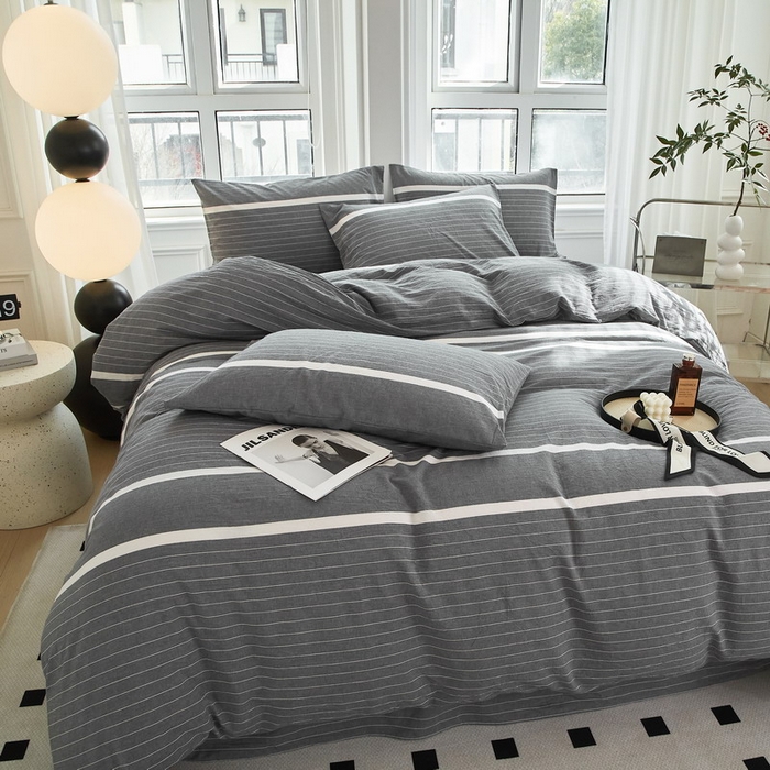 91家纺网 家纺一手货源 找家纺 金纱玉纺家纺 2024新款色织全棉水洗棉四件套 多拉-灰