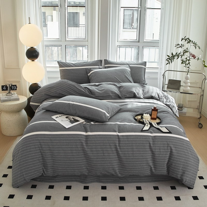 91家纺网 家纺一手货源 找家纺 金纱玉纺家纺 2024新款色织全棉水洗棉四件套 多拉-灰