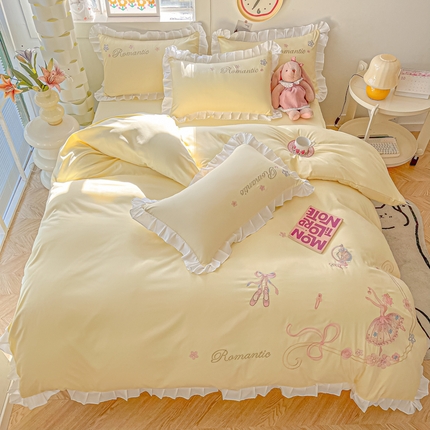 91家纺网 家纺一手货源 找家纺 包小包 2024新款芭蕾女孩系列精密刺绣花边韩版四件套四季款爆款（提供买家秀） 芭蕾女孩-黄色