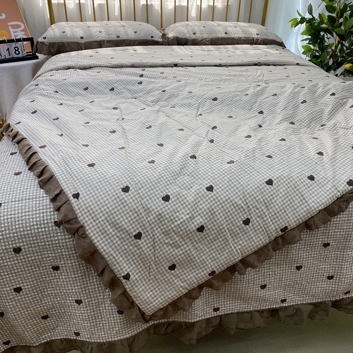 91家纺网 家纺一手货源 找家纺 暖居 2024新款直播全棉夹棉床盖夏被三件套夏凉被 爱心小格子