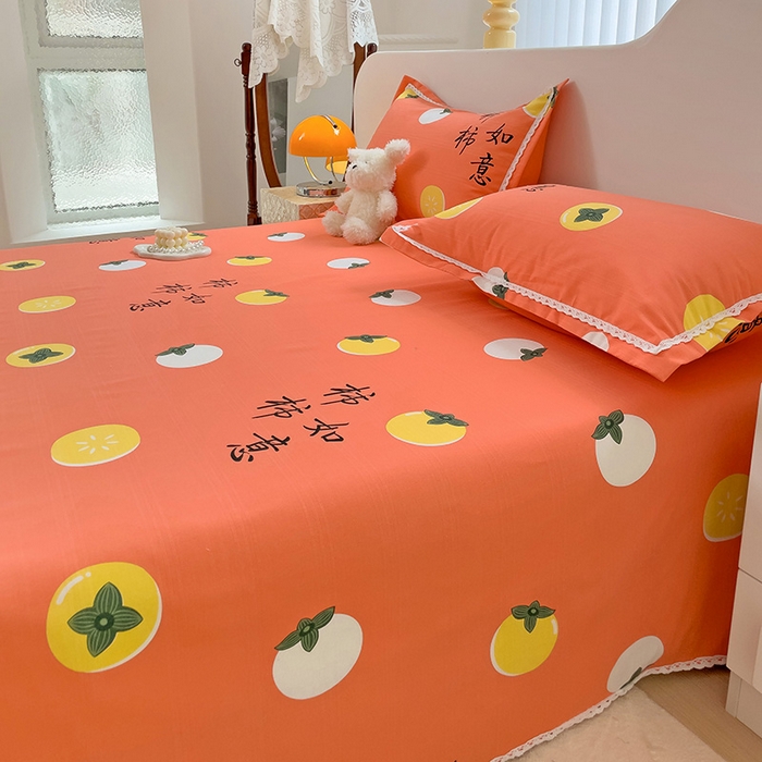 91家纺网 家纺一手货源 找家纺 宜家坊 2024新款鱼骨棉老粗布凉席花边款床单三件套 柿柿如意-桔