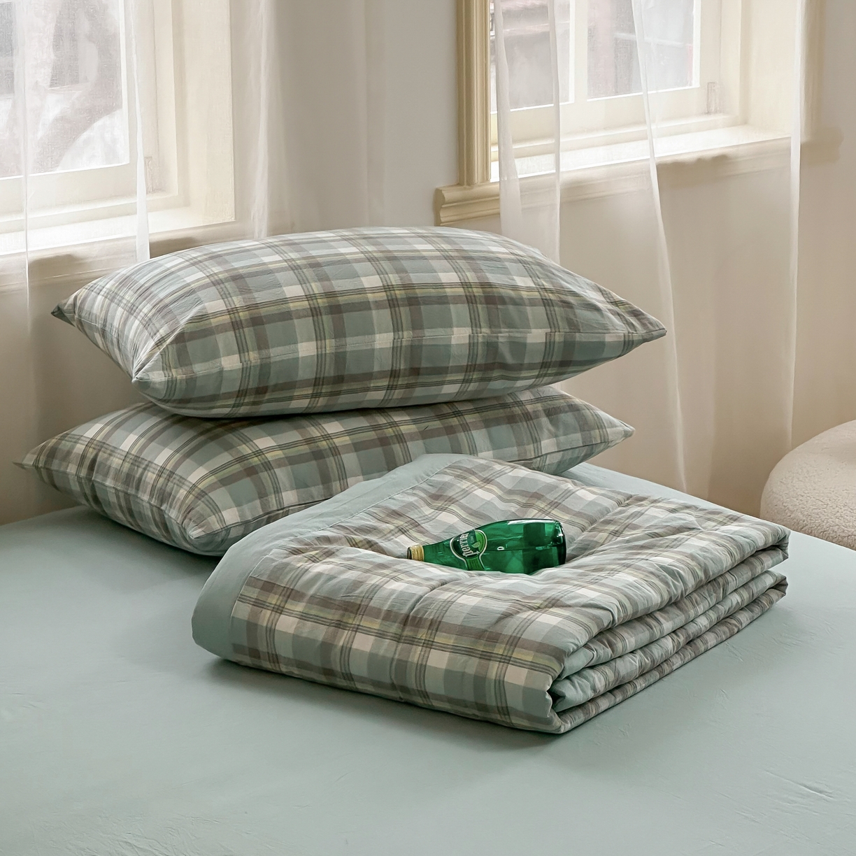 91家纺网 家纺一手货源 找家纺 棉邦 2024新款全棉水洗棉色织夏被四件套 简兮绿