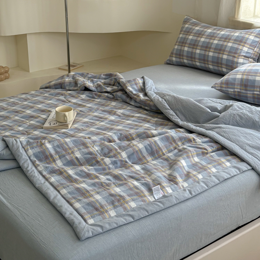 91家纺网 家纺一手货源 找家纺 棉邦 2024新款全棉水洗棉色织夏被四件套 简兮蓝