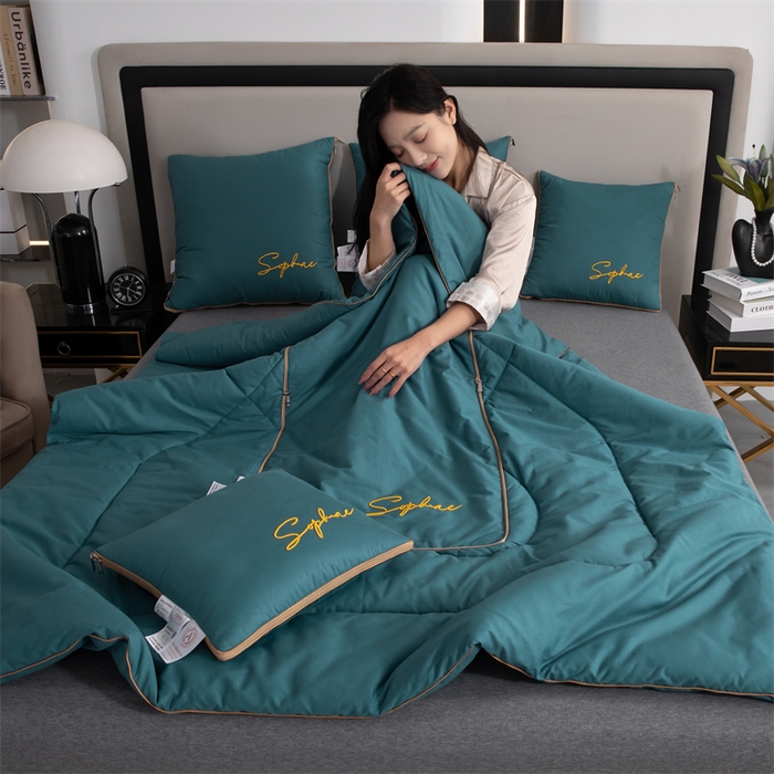 91家纺网 家纺一手货源 找家纺 照世家纺 2024新款时尚简约抗菌棉抱枕被 湖蓝