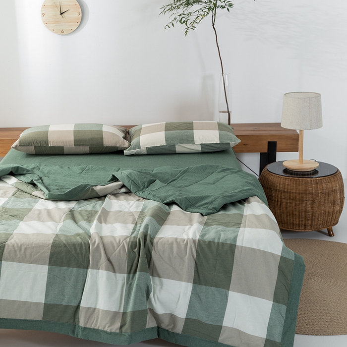 91家纺网 家纺一手货源 找家纺 棉邦 2024新款全棉水洗棉色织夏被四件套 绿大格