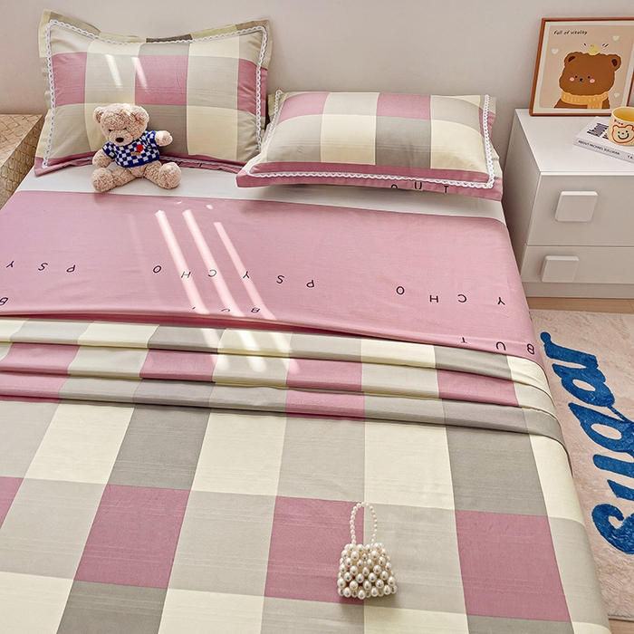 91家纺网 家纺一手货源 找家纺 宜家坊 2024新款鱼骨棉老粗布凉席花边款床单三件套 宜家-粉