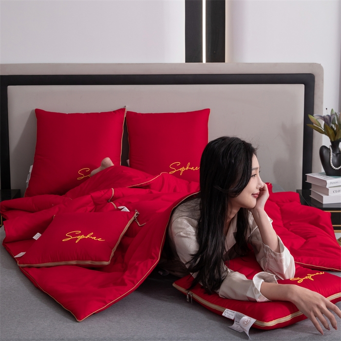 91家纺网 家纺一手货源 找家纺 照世家纺 2024新款时尚简约抗菌棉抱枕被 大红