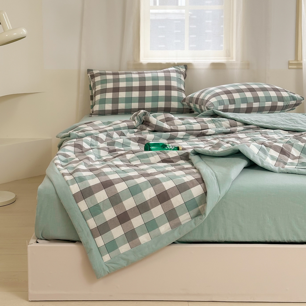 91家纺网 家纺一手货源 找家纺 棉邦 2024新款全棉水洗棉色织夏被四件套 绿方格