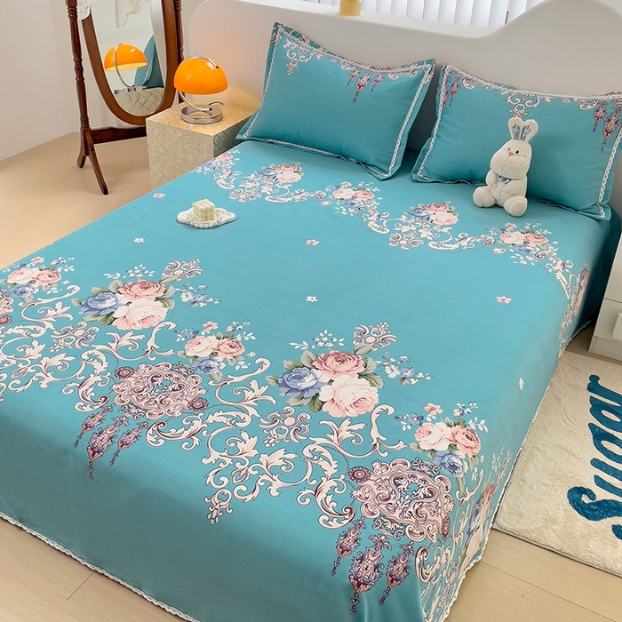 91家纺网 家纺一手货源 找家纺 宜家坊 2024新款鱼骨棉老粗布凉席花边款床单三件套 欧式风情-蓝