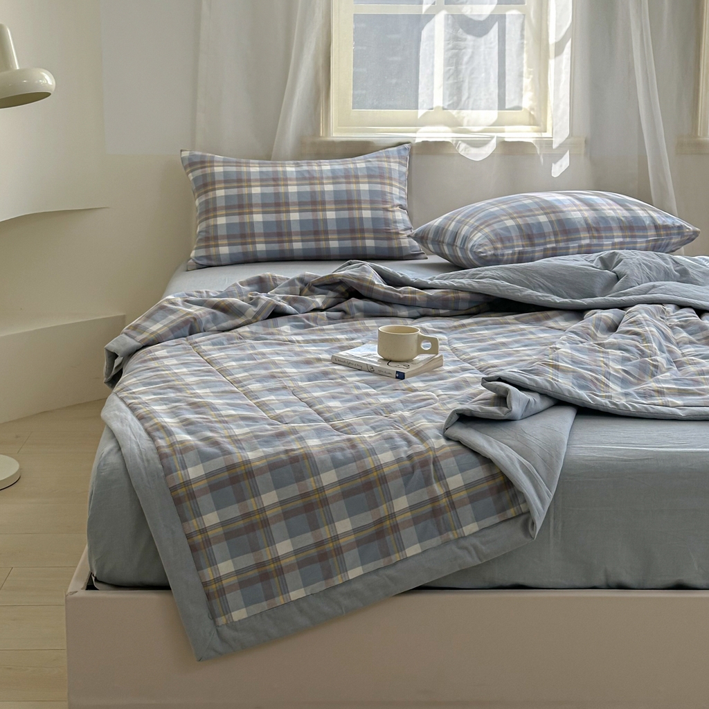 91家纺网 家纺一手货源 找家纺 棉邦 2024新款全棉水洗棉色织夏被四件套 简兮蓝