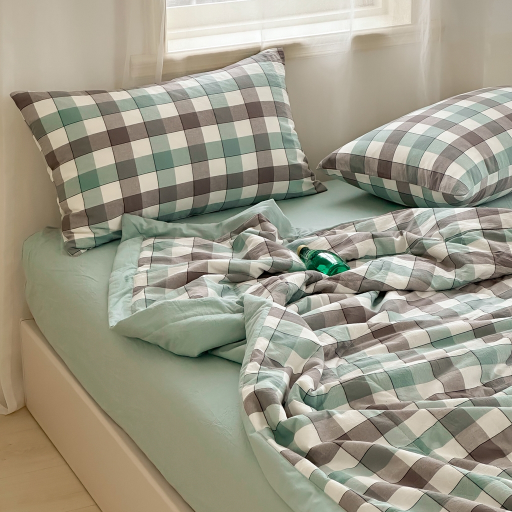 91家纺网 家纺一手货源 找家纺 棉邦 2024新款全棉水洗棉色织夏被四件套 绿方格