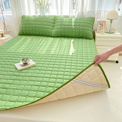 萌飞2024新款全棉新疆棉花夹棉床垫加厚床褥垫被三件套-纯色 经典（绿）