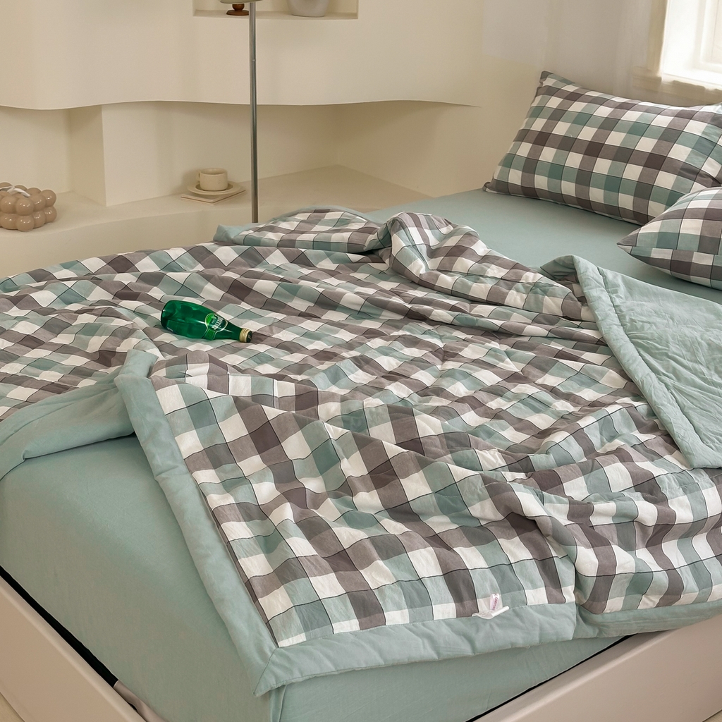 91家纺网 家纺一手货源 找家纺 棉邦 2024新款全棉水洗棉色织夏被四件套 绿方格