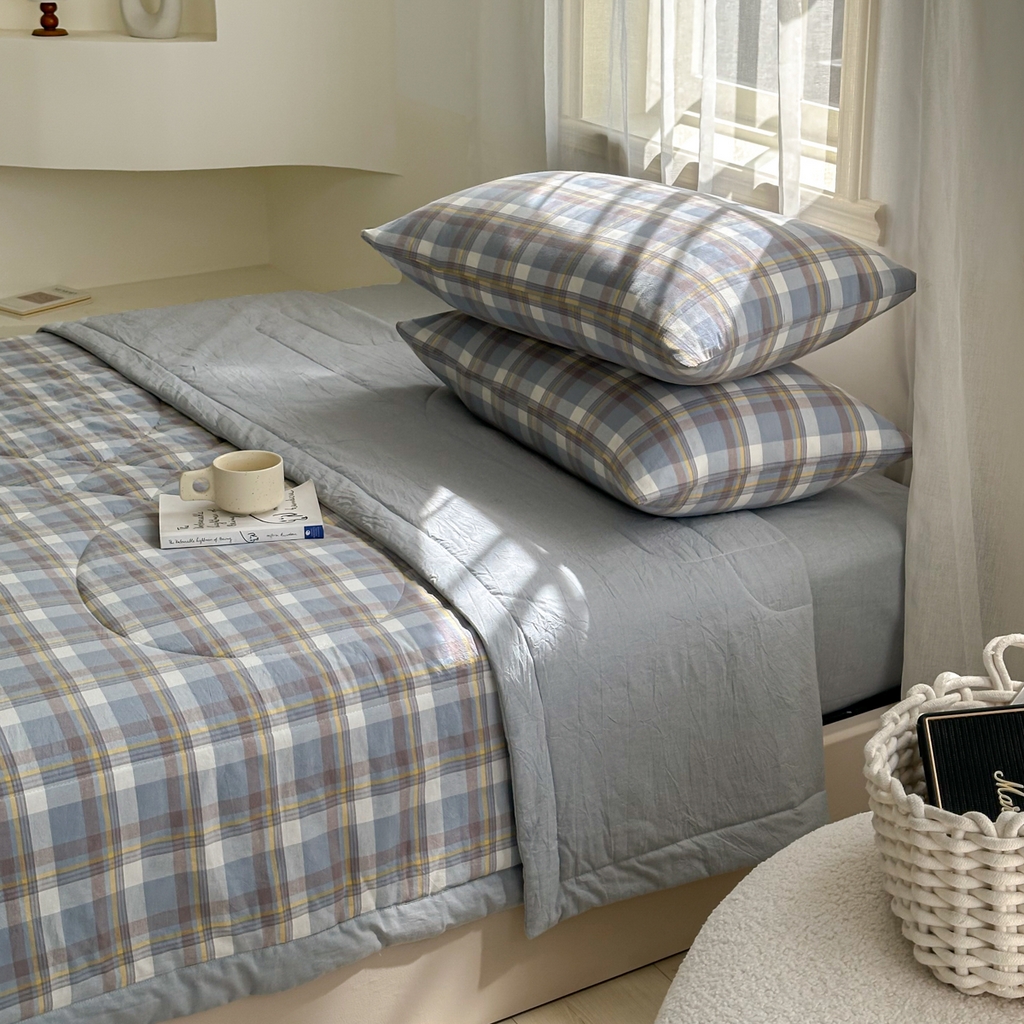 91家纺网 家纺一手货源 找家纺 棉邦 2024新款全棉水洗棉色织夏被四件套 简兮蓝