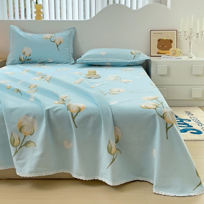 91家纺网 家纺一手货源 找家纺 宜家坊 2024新款鱼骨棉老粗布凉席花边款床单三件套 泡泡棉