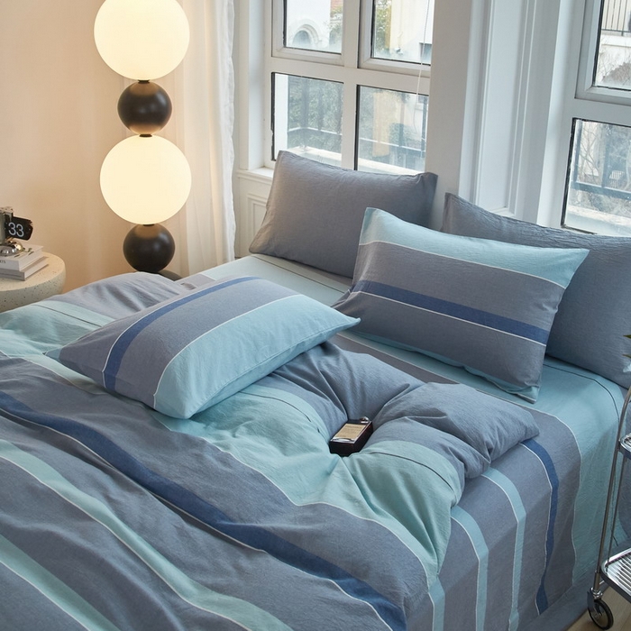 91家纺网 家纺一手货源 找家纺 金纱玉纺家纺 2024新款色织全棉水洗棉四件套 曼达拉-灰