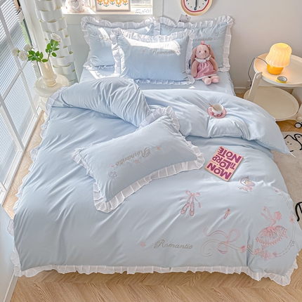 91家纺网 家纺一手货源 找家纺 包小包 2024新款芭蕾女孩系列精密刺绣花边韩版四件套四季款爆款（提供买家秀） 芭蕾女孩-浅蓝