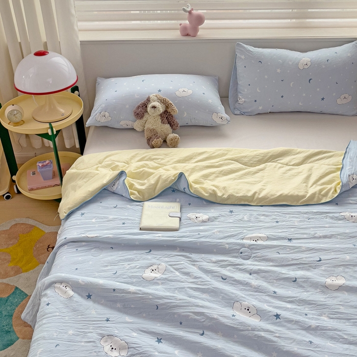 91家纺网 家纺一手货源 找家纺 海岛哥哥 2024新款水洗双层纱超柔单夏被嵌绳款 星空小狗-蓝