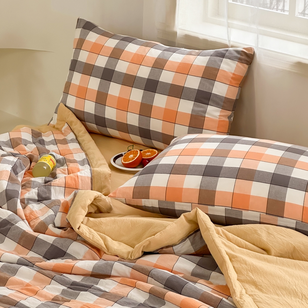 91家纺网 家纺一手货源 找家纺 棉邦 2024新款全棉水洗棉色织夏被四件套 桔方格黄