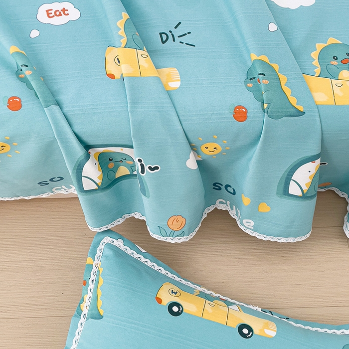 91家纺网 家纺一手货源 找家纺 宜家坊 2024新款鱼骨棉老粗布凉席花边款床单三件套 恐龙日记