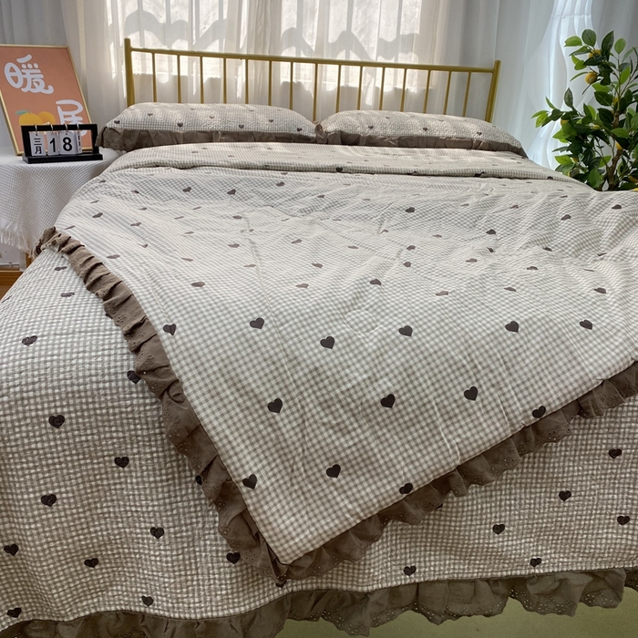 91家纺网 家纺一手货源 找家纺 暖居 2024新款直播全棉夹棉床盖夏被三件套夏凉被 爱心小格子
