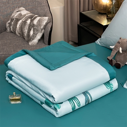 91家纺网 家纺一手货源 找家纺 兄弟坊 2025新款莱赛尔兰精天丝刺绣夏被四件套 仙人掌-青绿