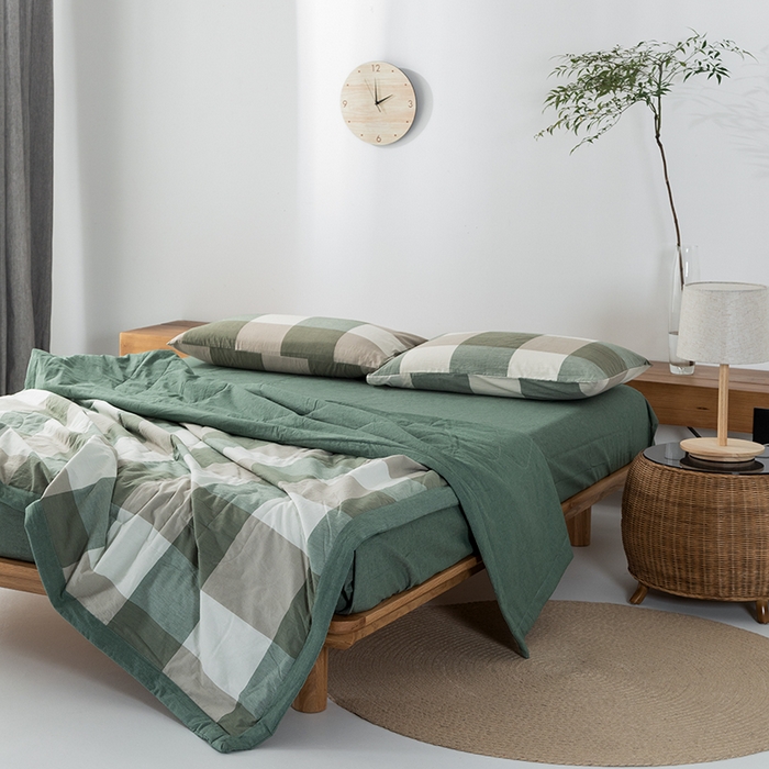 91家纺网 家纺一手货源 找家纺 棉邦 2024新款全棉水洗棉色织夏被四件套 绿大格