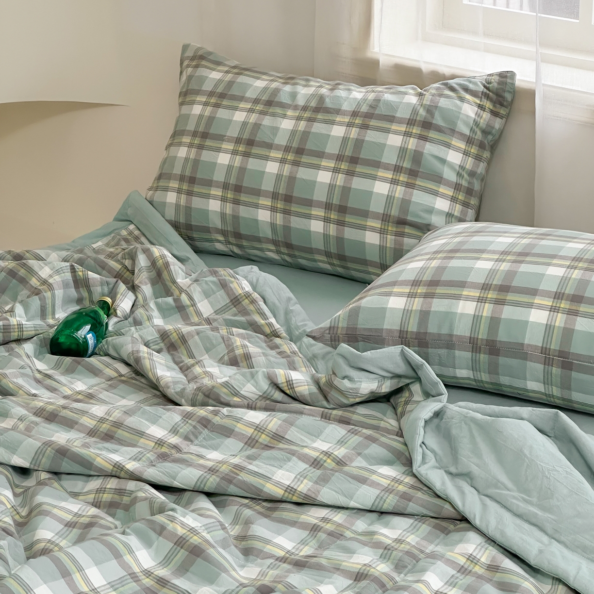 91家纺网 家纺一手货源 找家纺 棉邦 2024新款全棉水洗棉色织夏被四件套 简兮绿